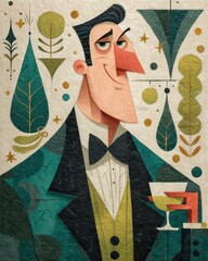 Modern abstract portrait of a distinguished gentleman in formal attire with geometric elements and vibrant colors