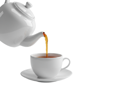 Hot amber tea actively pouring and steaming from a transparent porcelain teapot into a teacup on a saucer, isolated on a stark white background with ample copy space, studio-lit with sharp focus