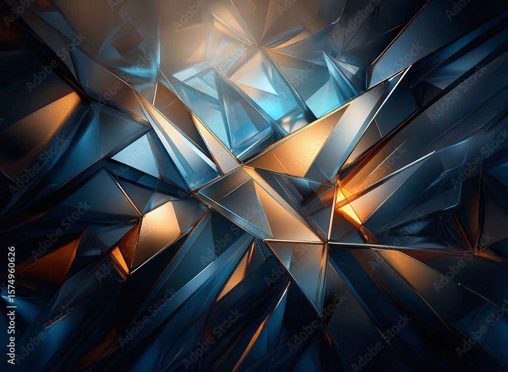 Poster abstract geometric background with sharp, angular shapes in shades of blue and gold, creating a dyna