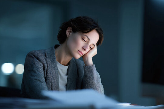 A tired woman rests her head on her hand, bathed in cool light. Conceptual image of burnout, fatigue, or deep thought. Use for articles on mental health, work stress.