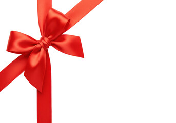 A single, vibrant, high-gloss red satin ribbon meticulously tied into an elegant bow, shimmering on a transparent seamless background with copy space, top-down, studio lit, concept of celebration and