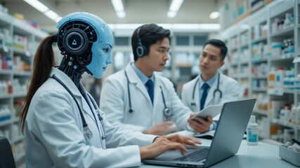 An AI agent doctor on a laptop in a pharmacy, symbolizing agent collaboration in healthcare with a pharmacist and online virtual support. 4k video - Powered by Adobe