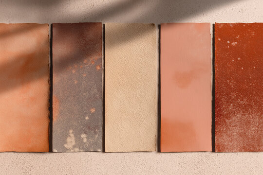 Earth-toned terracotta and clay color swatches on textured surfaces. Ideal for natural product mockups, eco-friendly branding, interior palettes, and artisan design concepts.