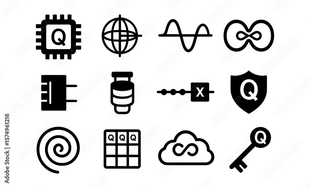 Poster set of minimalist black icons for quantum computing and data science