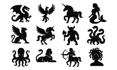 Obraz premium Mythical creature silhouettes: dragons, unicorns, and legendary figures