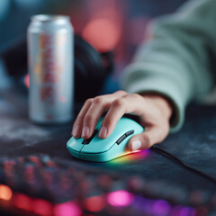 Hand on a teal gaming mouse, illuminated keyboard in foreground. Concept focus, precision, digital lifestyle. Perfect for tech, gaming, or online content.