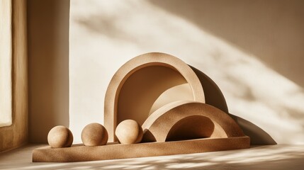 Neutral-toned, arch-shaped display elements with orbs.