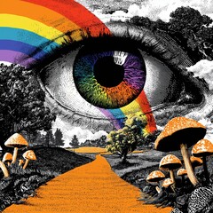 Surreal Digital Art with Large Eye and Rainbow, Mushroom Forest, and Pathway, Creative Fantasy Landscape Scene