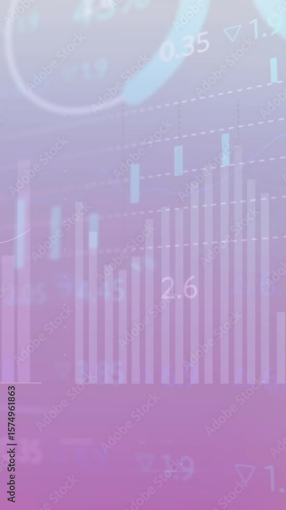 Poster animation of multiple graphs, loading circles and trading board against gradient background