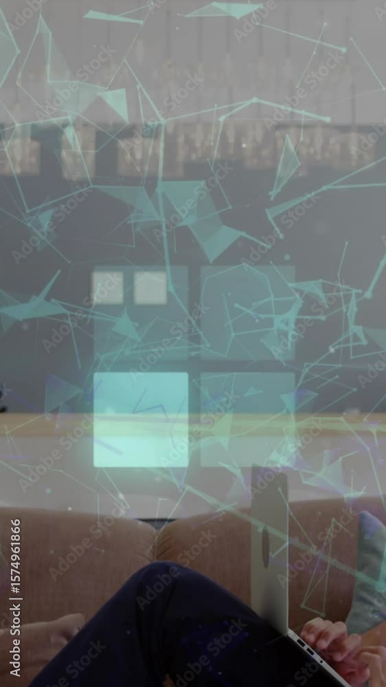 Poster animation of squares and connected dots forming geometric shapes, man using digital tablet