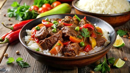Fototapeta premium Rendang – Indonesia Slow-cooked beef in rich coconut spice paste, served with rice and vegetables