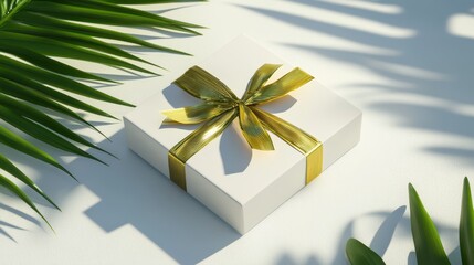 White gift box with gold ribbon and tropical leaves.