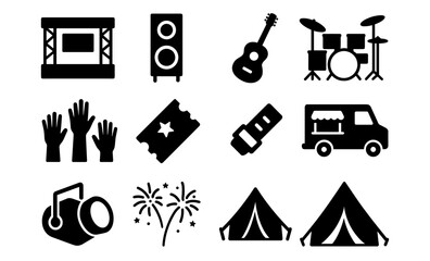 Music festival essentials: icons of instruments, camping, and fun