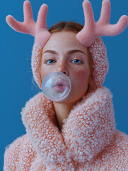 Stylized woman in plush pink antlered outfit blows a bubble against blue backdrop. Fashion editorial portrait merging winter whimsy and surreal aesthetics.