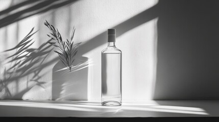 Empty glass bottle with plant shadows on a white background.