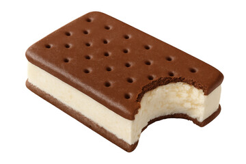Bitten ice cream sandwich revealing creamy vanilla filling nestled between chocolate wafers, floating on transparent background
