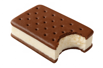 Bitten ice cream sandwich revealing creamy vanilla filling nestled between chocolate wafers, floating on transparent background
