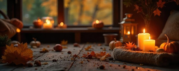 Cozy autumn evening scene with flickering candlelight illuminating warm, inviting interior Perfect for fall, hygge, and seasonal themes , atmosphere, holiday