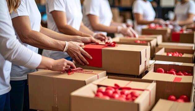 Volunteers wrap boxes with red ribbons