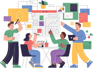 Diverse team collaborating on a project with charts and graphs on a whiteboard collaboration