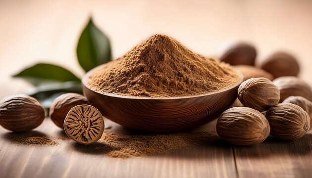 a compelling arrangement of whole nutmeg seeds and ground nutmeg powder showcases the rich textures and earthy colors representing the essence of culinary delights and natural flavors