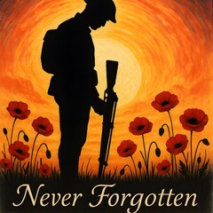 Remembrance day soldier silhouette poppy field never forgotten artwork