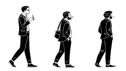 "Silhouettes of three adult males in formal attire—suits and ties—standing, smoking cigarettes, and facing slightly different directions. Black graphic shapes on white background, smoke illustrated su