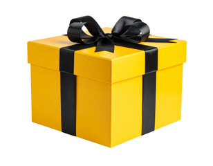Bright yellow gift box with black ribbon on a white background 