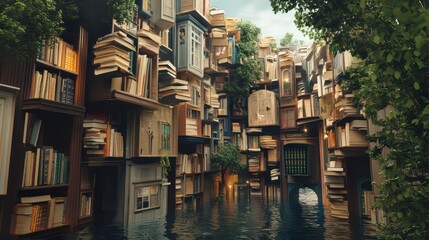Surreal Book Cityscape: Floating Library in a Watery World with Trees