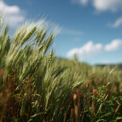 Obraz premium Wheat Field Under the Blue Sky: A sun-drenched wheat field under a vibrant blue sky, with fluffy clouds, captures the essence of rural simplicity and nature's beauty.
