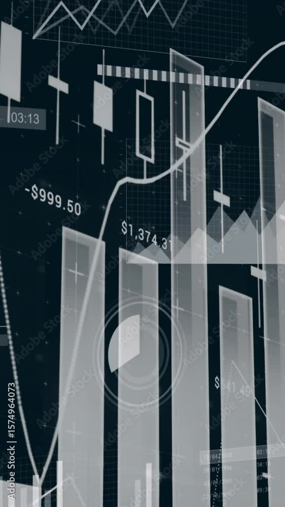 Poster animation of multiple graphs with changing numbers over loading circles against black background