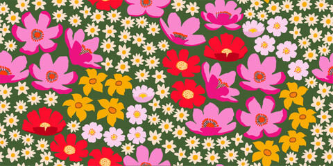 Hand drawn tropical flowers seamless pattern. Trendy artistic summer floral for textiles, wallpaper, wrapping paper, fabric, backdrop, design background vector illustration