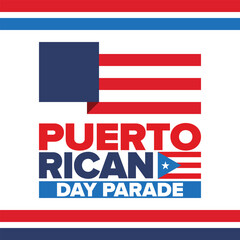 Puerto Rican Day. National happy holiday. Festival and parade in honor of independence and freedom. Puerto Rico flag. Latin american country. Patriotic elements. Vector poster illustration
