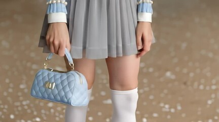 Close-up of a young woman smiling in a stylish light blue sweater and pleated grey skirt, showcasing a modern, chic look