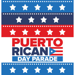 Puerto Rican Day. National happy holiday. Festival and parade in honor of independence and freedom. Puerto Rico flag. Latin american country. Patriotic elements. Vector poster illustration