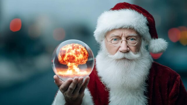 Santa Claus holding a glowing ball with a nuclear mushroom inside, worrying about the future of the planet. A symbol of anxiety and contrast.