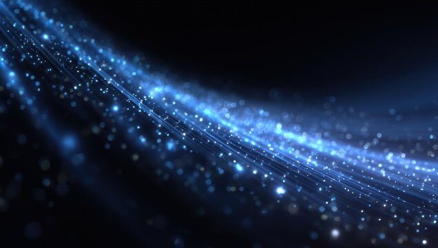 Blue, glowing, starry stream of light on a black background Glowing stars in the sky, shooting out from the center to the right side A star trail banner design with shining dots  Generative AI