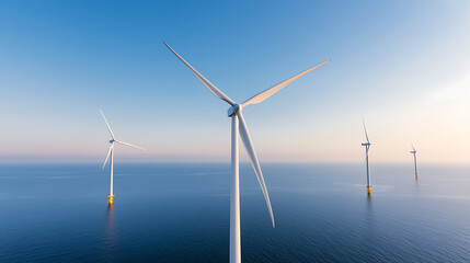 Fototapeta premium Offshore Wind Turbines: Renewable energy production in serene ocean environment, clean energy solution.