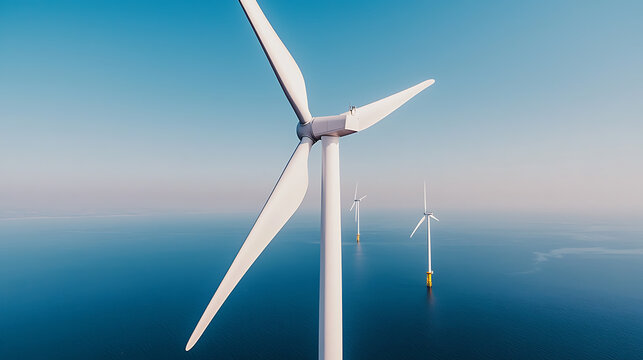 Offshore wind farm: clean energy generation. Wind turbines in the sea create renewable power under a clear blue sky. Promoting sustainability and innovation.