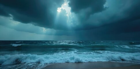 Naklejka premium Dark, brooding clouds fill the sky above a stormy sea, waves crashing against the shore The ominous atmosphere is perfect for dramatic imagery , thunderclouds, coastline