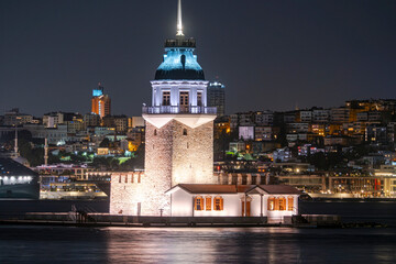 A night view of the famous Maiden's Tower, also known as Leander's Tower, a symbol of Istanbul,...