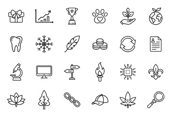 Set of black vector line nature and environment icons on white background. Including growth plan, leaf, feather, refresh, flame, chain, paw print,  globe, trophy and others. 