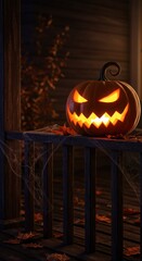 Eerie Halloween Jack-o'-Lantern on a Dark Porch - 3D Render