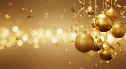 Elegant Golden Holiday Ornaments and Confetti Background - 3D Render