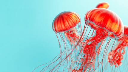 Group of vibrant red jellyfish swimming against a light blue background.