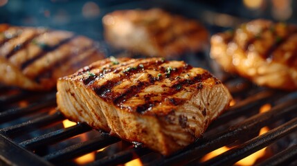 Close-up of juicy swordfish kebabs grilling on an open flame barbecue with enticing grill marks and smoky ambiance.