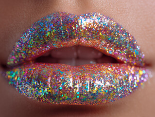 Close-up of glossy lips covered in sparkling, multicolored glitter.