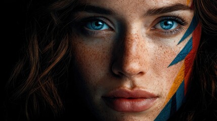 Close-up of a woman's face with geometric face paint in vibrant colors, capturing intense blue eyes and freckles. Suitable for beauty, art, and creative expression themes.