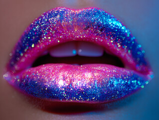 Close-up of glossy lips covered in sparkling, multicolored glitter.