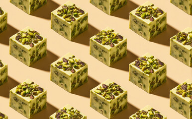 Pistachio candy cubes arranged on a beige background.